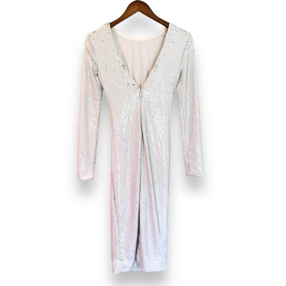 NWT Dress the Population White Emilia Sequin Long Sleeve Ruched Dress XXS $285 - Picture 9 of 10